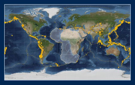 Téléchargez les photos : Plaque tectonique africaine sur la carte satellite Blue Marble dans la projection Compact Miller centrée méridionale. Lieux des tremblements de terre de plus de 6,5 magnitude enregistrés depuis le début du 17ème siècle - en image libre de droit