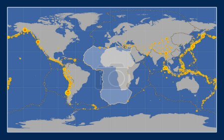 Téléchargez les photos : Plaque tectonique africaine sur la carte de contour solide dans la projection Compact Miller centrée méridionale. Lieux des tremblements de terre de plus de 6,5 magnitude enregistrés depuis le début du 17ème siècle - en image libre de droit