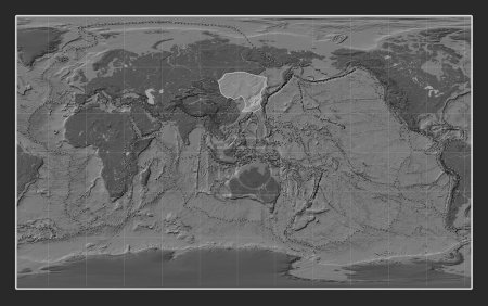 Photo for Amur tectonic plate on the bilevel elevation map in the Compact Miller projection centered meridionally. Boundaries of other plates - Royalty Free Image