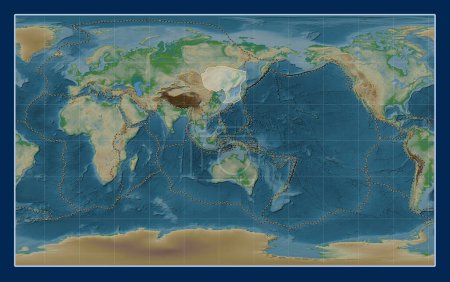 Téléchargez les photos : Plaque tectonique murale sur la carte physique de l'altitude dans la projection Compact Miller centrée méridionale. Limites des autres plaques - en image libre de droit