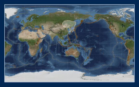 Téléchargez les photos : Plaque tectonique murale sur la carte satellite Blue Marble dans la projection Compact Miller centrée méridionale. Distribution des volcans connus - en image libre de droit