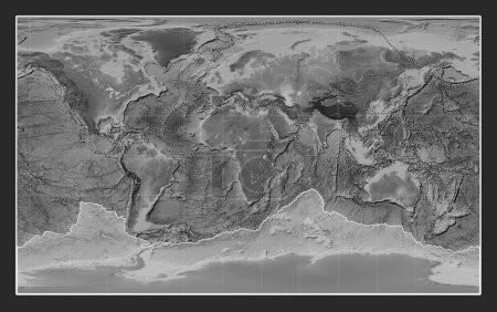 Foto de Placa tectónica antártica en el mapa de elevación a escala de grises en la proyección Compact Miller centrada meridionalmente. Límites de otras placas - Imagen libre de derechos