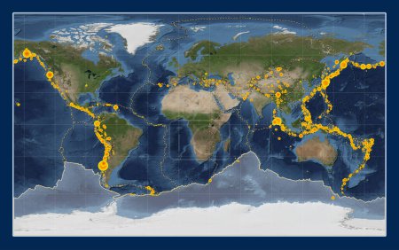 Foto de Placa tectónica antártica en el mapa satélite de mármol azul en la proyección Compact Miller centrada meridionalmente. Localizaciones de terremotos de magnitud superior a 6,5 registradas desde principios del siglo XVII - Imagen libre de derechos