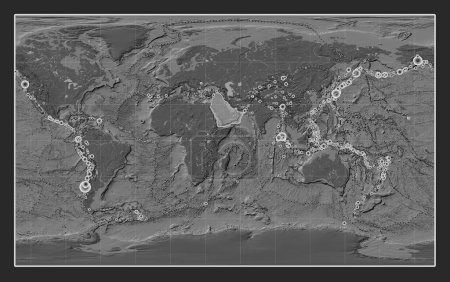 Photo for Arabian tectonic plate on the bilevel elevation map in the Compact Miller projection centered meridionally. Locations of earthquakes above 6.5 magnitude recorded since the early 17th century - Royalty Free Image