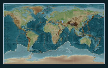 Téléchargez les photos : Plaque tectonique antarctique sur la carte d'altitude de style Wiki dans la projection Compact Miller centrée méridionale. Distribution des volcans connus - en image libre de droit