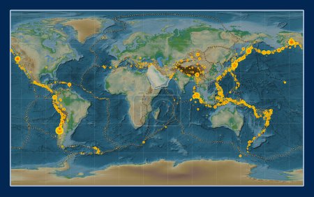 Photo for Arabian tectonic plate on the physical elevation map in the Compact Miller projection centered meridionally. Locations of earthquakes above 6.5 magnitude recorded since the early 17th century - Royalty Free Image