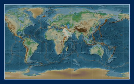 Photo for Arabian tectonic plate on the physical elevation map in the Compact Miller projection centered meridionally. Distribution of known volcanoes - Royalty Free Image