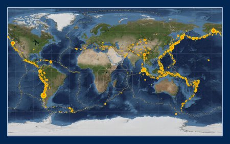 Photo for Arabian tectonic plate on the Blue Marble satellite map in the Compact Miller projection centered meridionally. Locations of earthquakes above 6.5 magnitude recorded since the early 17th century - Royalty Free Image