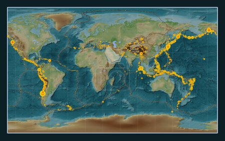 Photo for Arabian tectonic plate on the Wiki style elevation map in the Compact Miller projection centered meridionally. Locations of earthquakes above 6.5 magnitude recorded since the early 17th century - Royalty Free Image