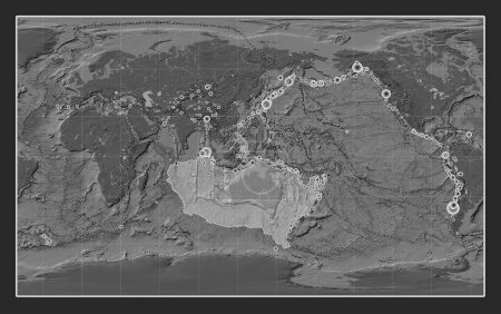 Foto de Placa tectónica australiana en el mapa de elevación bilevel en la proyección Compact Miller centrada meridionalmente. Localizaciones de terremotos de magnitud superior a 6,5 registradas desde principios del siglo XVII - Imagen libre de derechos