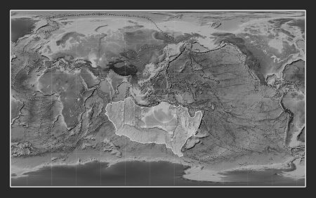 Téléchargez les photos : Plaque tectonique australienne sur la carte d'altitude en niveaux de gris dans la projection Compact Miller centrée méridionale. Limites des autres plaques - en image libre de droit
