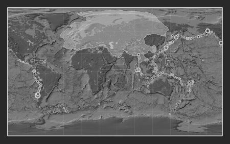 Photo for Eurasian tectonic plate on the bilevel elevation map in the Compact Miller projection centered meridionally. Locations of earthquakes above 6.5 magnitude recorded since the early 17th century - Royalty Free Image