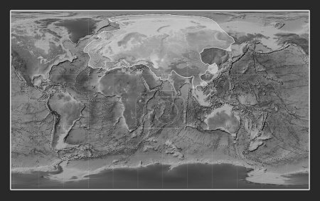 Téléchargez les photos : Plaque tectonique eurasienne sur la carte d'altitude en niveaux de gris dans la projection Compact Miller centrée méridionale. Limites des autres plaques - en image libre de droit