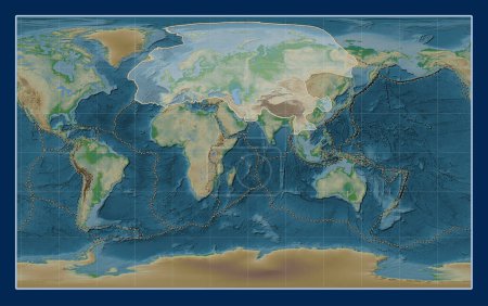 Foto de Placa tectónica eurasiática en el mapa de elevación física en la proyección Compact Miller centrada meridionalmente. Límites de otras placas - Imagen libre de derechos