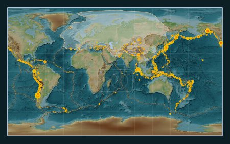 Foto de Placa tectónica euroasiática en el mapa de elevación de estilo Wiki en la proyección Compact Miller centrada meridionalmente. Localizaciones de terremotos de magnitud superior a 6,5 registradas desde principios del siglo XVII - Imagen libre de derechos