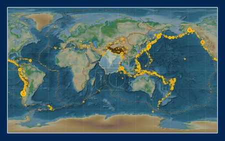 Foto de Placa tectónica india en el mapa de elevación física en la proyección Compact Miller centrada meridionalmente. Localizaciones de terremotos de magnitud superior a 6,5 registradas desde principios del siglo XVII - Imagen libre de derechos