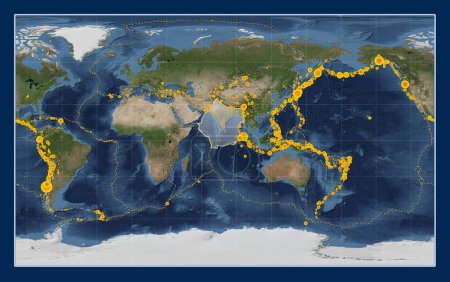 Téléchargez les photos : Plaque tectonique indienne sur la carte satellite Blue Marble dans la projection Compact Miller centrée méridionale. Lieux des tremblements de terre de plus de 6,5 magnitude enregistrés depuis le début du 17ème siècle - en image libre de droit