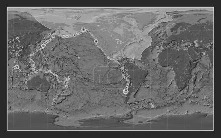 Photo for North American tectonic plate on the bilevel elevation map in the Compact Miller projection centered meridionally. Locations of earthquakes above 6.5 magnitude recorded since the early 17th century - Royalty Free Image