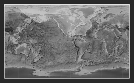 Téléchargez les photos : Plaque tectonique nord-américaine sur la carte d'altitude en niveaux de gris dans la projection Compact Miller centrée méridionale. Limites des autres plaques - en image libre de droit