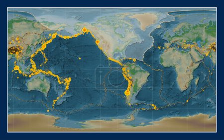 Téléchargez les photos : North American tectonic plate on the physical elevation map in the Compact Miller projection centered meridionally. Lieux des tremblements de terre de plus de 6,5 magnitude enregistrés depuis le début du 17ème siècle - en image libre de droit