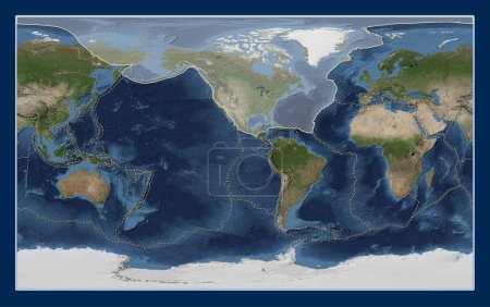 Foto de Placa tectónica norteamericana en el mapa satélite de mármol azul en la proyección Compact Miller centrada meridionalmente. Límites de otras placas - Imagen libre de derechos