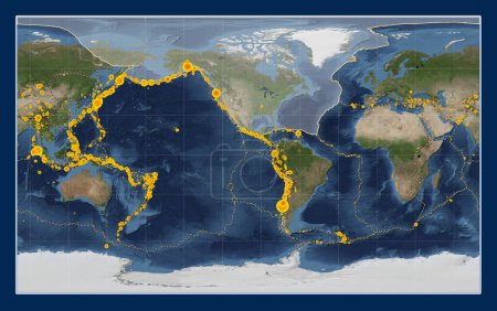 Photo for North American tectonic plate on the Blue Marble satellite map in the Compact Miller projection centered meridionally. Locations of earthquakes above 6.5 magnitude recorded since the early 17th century - Royalty Free Image