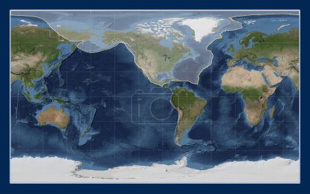 Foto de Placa tectónica de América del Norte en el mapa satélite de mármol azul en la proyección Compact Miller centrada meridionalmente. - Imagen libre de derechos