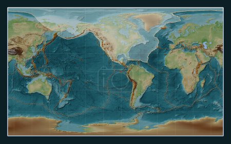 Téléchargez les photos : Plaque tectonique nord-américaine sur la carte d'altitude de style Wiki dans la projection Compact Miller centrée méridionale. Distribution des volcans connus - en image libre de droit