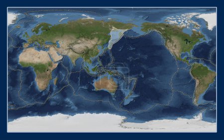 Photo for Okhotsk tectonic plate on the Blue Marble satellite map in the Compact Miller projection centered meridionally. Boundaries of other plates - Royalty Free Image