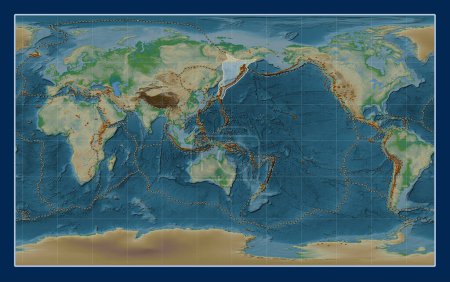 Téléchargez les photos : Plaque tectonique Okhotsk sur la carte d'élévation physique dans la projection Compact Miller centrée méridionale. Distribution des volcans connus - en image libre de droit