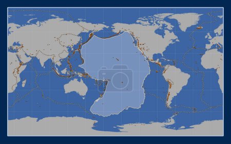 Foto de Placa tectónica del Pacífico en el mapa de contorno sólido en la proyección Compact Miller centrada meridionalmente. Distribución de volcanes conocidos - Imagen libre de derechos