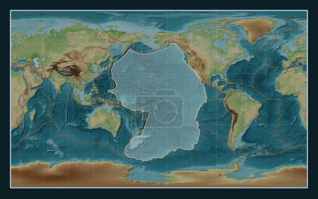 Photo for Pacific tectonic plate on the Wiki style elevation map in the Compact Miller projection centered meridionally. Boundaries of other plates - Royalty Free Image