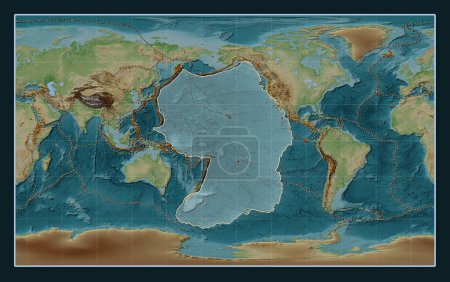 Téléchargez les photos : Plaque tectonique du Pacifique sur la carte d'élévation de style Wiki dans la projection Compact Miller centrée méridionale. Distribution des volcans connus - en image libre de droit