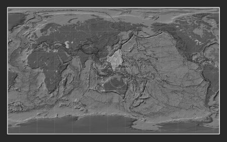 Foto de Placa tectónica del Mar de Filipinas en el mapa de elevación bilevel en la proyección Compact Miller centrada meridionalmente. Límites de otras placas - Imagen libre de derechos