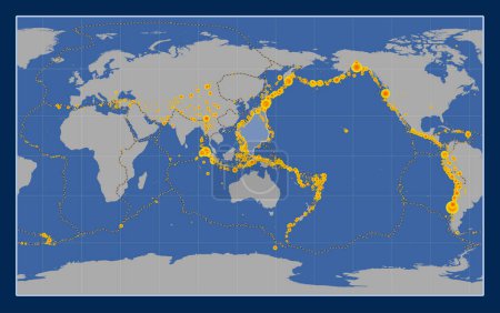 Téléchargez les photos : Plaque tectonique de la mer des Philippines sur la carte de contour solide dans la projection Compact Miller centrée méridionale. Lieux des tremblements de terre de plus de 6,5 magnitude enregistrés depuis le début du 17ème siècle - en image libre de droit