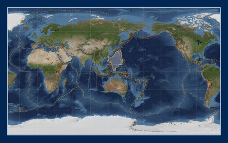 Photo for Philippine Sea tectonic plate on the Blue Marble satellite map in the Compact Miller projection centered meridionally. Distribution of known volcanoes - Royalty Free Image