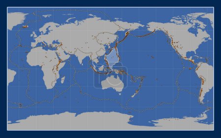 Téléchargez les photos : Plaque tectonique de la mer des Philippines sur la carte de contour solide dans la projection Compact Miller centrée méridionale. Distribution des volcans connus - en image libre de droit