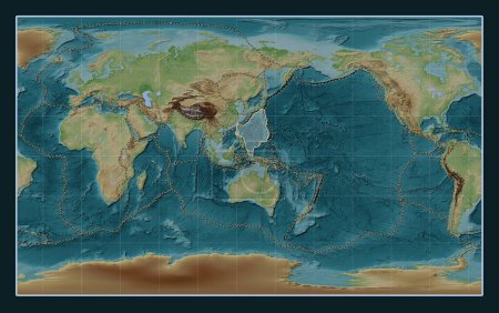 Téléchargez les photos : Plaque tectonique de la mer des Philippines sur la carte d'altitude de style Wiki dans la projection Compact Miller centrée méridionale. Limites des autres plaques - en image libre de droit