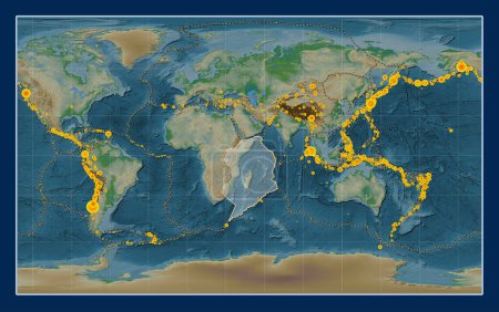 Foto de Placa tectónica somalí en el mapa de elevación física en la proyección Compact Miller centrada meridionalmente. Localizaciones de terremotos de magnitud superior a 6,5 registradas desde principios del siglo XVII - Imagen libre de derechos