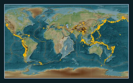 Foto de Placa tectónica somalí en el mapa de elevación de estilo Wiki en la proyección Compact Miller centrada meridionalmente. Localizaciones de terremotos de magnitud superior a 6,5 registradas desde principios del siglo XVII - Imagen libre de derechos