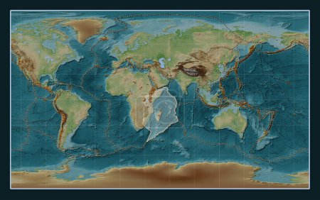 Téléchargez les photos : Plaque tectonique somalienne sur la carte d'altitude de style Wiki dans la projection Compact Miller centrée méridionale. Distribution des volcans connus - en image libre de droit