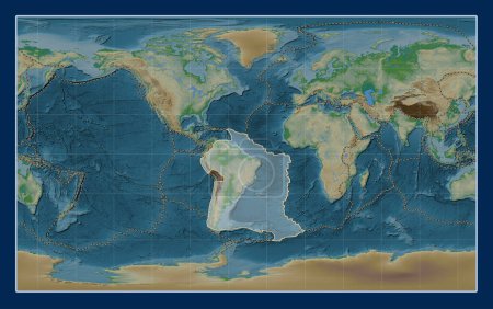Photo for South American tectonic plate on the physical elevation map in the Compact Miller projection centered meridionally. Boundaries of other plates - Royalty Free Image