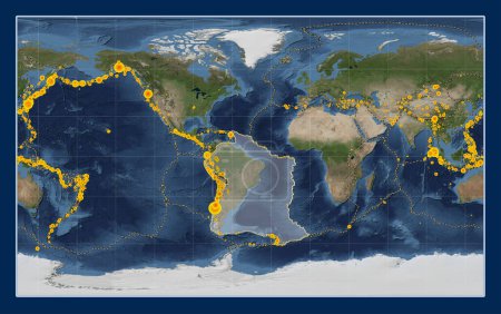 Foto de Placa tectónica sudamericana en el mapa satélite de mármol azul en la proyección Compact Miller centrada meridionalmente. Localizaciones de terremotos de magnitud superior a 6,5 registradas desde principios del siglo XVII - Imagen libre de derechos