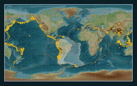 Téléchargez les photos : Plaque tectonique sud-américaine sur la carte d'altitude de style Wiki dans la projection Compact Miller centrée méridionale. Lieux des tremblements de terre de plus de 6,5 magnitude enregistrés depuis le début du 17ème siècle - en image libre de droit