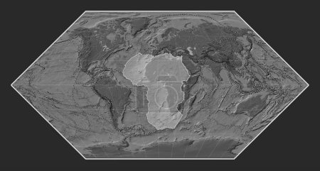 Foto de Placa tectónica africana en el mapa de elevación bilevel en la proyección Eckert I centrada meridionalmente. Límites de otras placas - Imagen libre de derechos