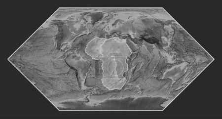 Photo for African tectonic plate on the grayscale elevation map in the Eckert I projection centered meridionally. Boundaries of other plates - Royalty Free Image