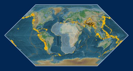 Foto de Placa tectónica africana en el mapa de elevación física en la proyección Eckert I centrada meridionalmente. Localizaciones de terremotos de magnitud superior a 6,5 registradas desde principios del siglo XVII - Imagen libre de derechos