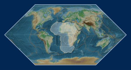 Foto de Placa tectónica africana en el mapa de elevación física en la proyección Eckert I centrada meridionalmente. Límites de otras placas - Imagen libre de derechos