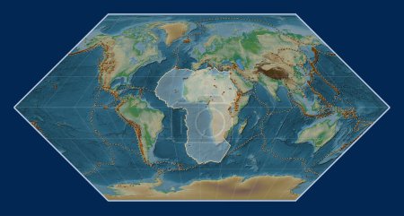 Foto de Placa tectónica africana en el mapa de elevación física en la proyección Eckert I centrada meridionalmente. Distribución de volcanes conocidos - Imagen libre de derechos