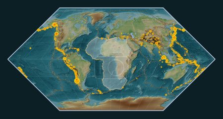 Photo for African tectonic plate on the Wiki style elevation map in the Eckert I projection centered meridionally. Locations of earthquakes above 6.5 magnitude recorded since the early 17th century - Royalty Free Image